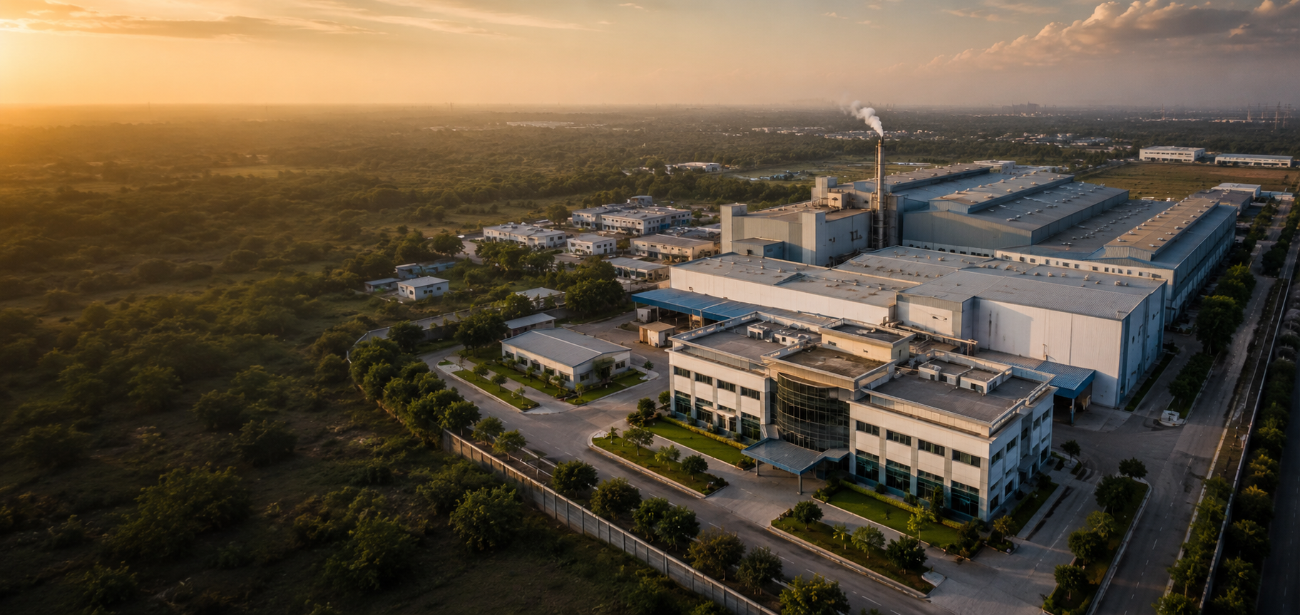 Aerial view of the Victor Threads sewing thread manufacturing facility at sunrise